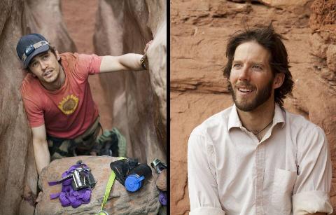 James Franco in '127 Hours,' and Aron Ralston behind the scenes of '127 Hours.'