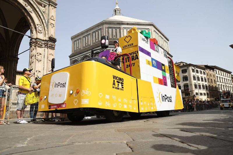 Vehicles of the Tour de France caravan are participating in the 111th Tour de France 2024 in Florence, Italy, on June 29, 2024.