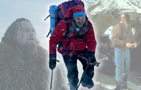 Publicity stills from The Revenant, Alive, and Everest. 