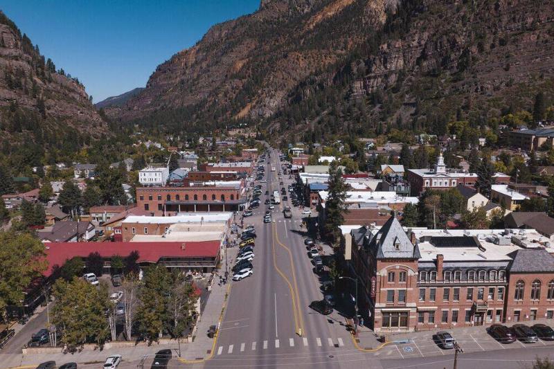 Aerial view off Highway 550 looking down on Main Street, Ouray, Colorado