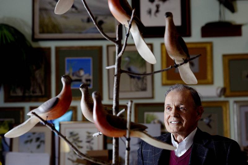 Eddie Woodin of Scarborough who won a prestigious honor from Historic New England for his collection of bird art...