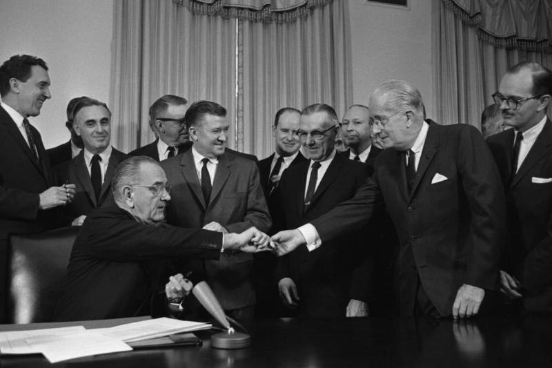 President Johnson Hands A Pen To Mayor Raymond Tucker After He Signed The Clean Air Act Into Law