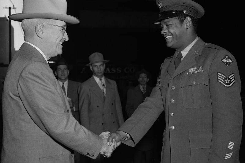 President Truman Shakes Hands With Staff Sargent Edward Williams