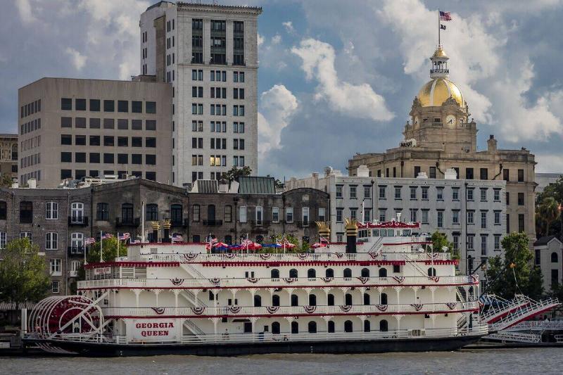 Scenic and historic Savannah Georgia River features Georgia Queen Riverboat
