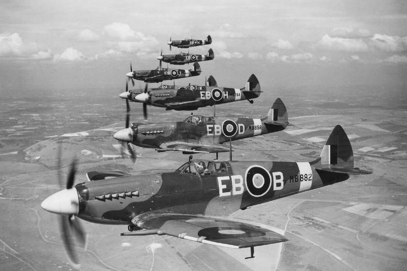 Spitfires in flight, c 1940s