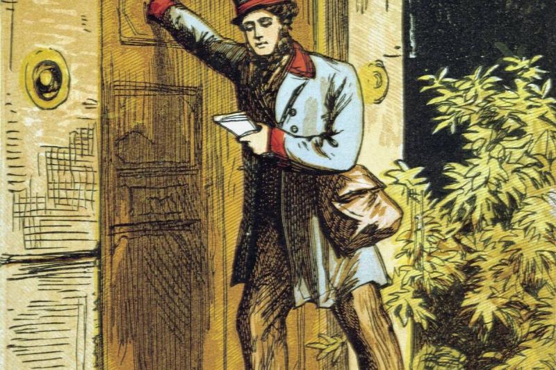 The Postman's Knock. Postman in Royal Mail uniform using door knocker. Chromolithograph from children's book published 1867.