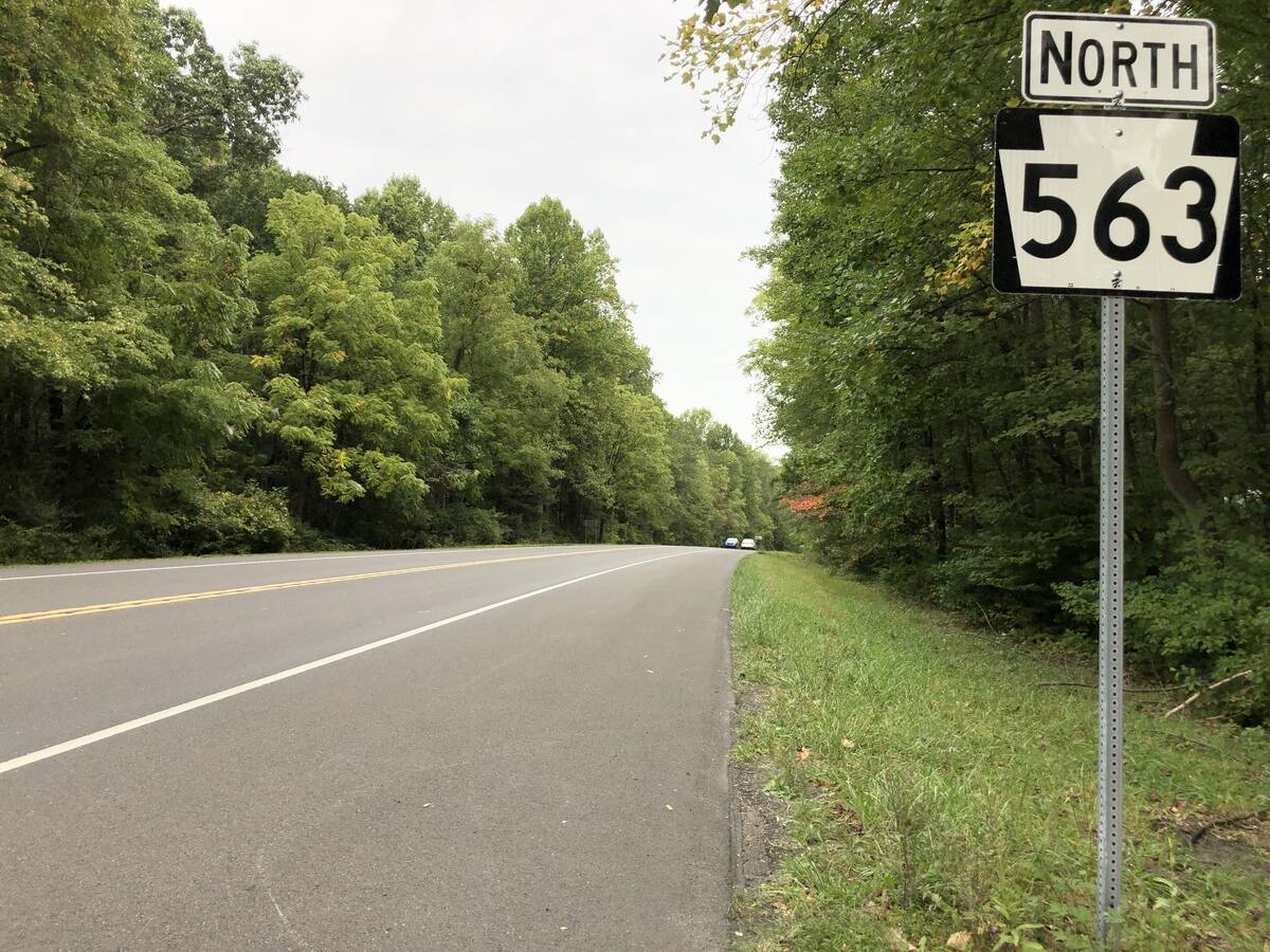 View north along Pennsylvania State Route 563 (Mountain View Drive) just north of Harrisburg School Road in Haycock Township, Bucks County, Pennsylvania.