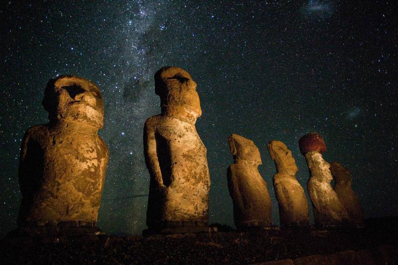 Easter Island statues at night.