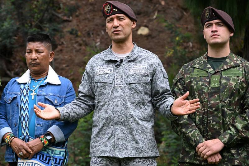 Colombian Military Forces Special Operations Commander, Air Force General Pedro Sanchez (C), who was the leader of the rescue operation of the four Indigenous children, talks during the commemoration of the first anniversary of Operation Hope, in Bogota.