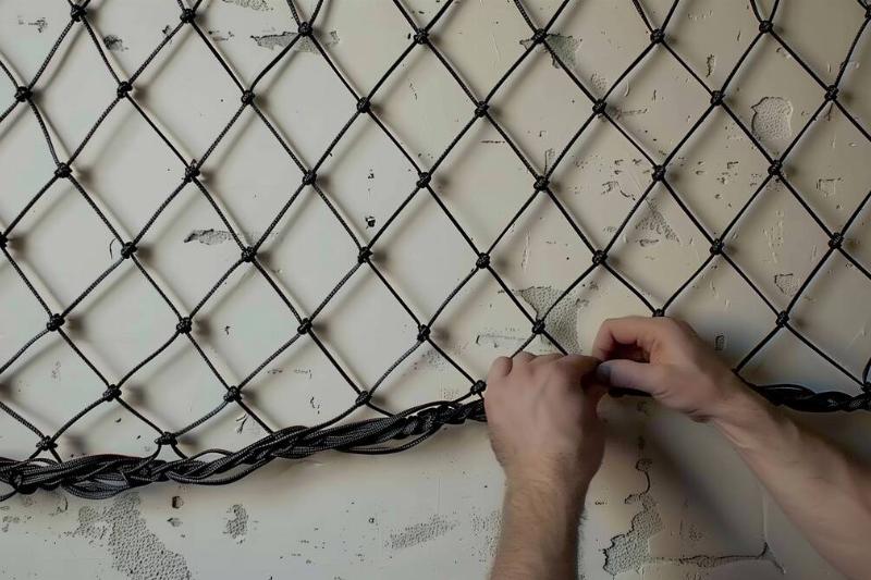Hands making a net out of paracord 