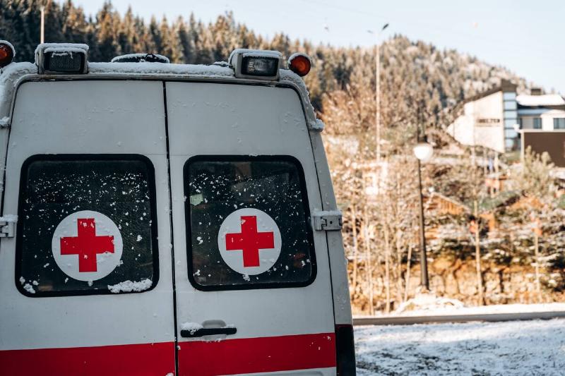 Snowy village ambulance.