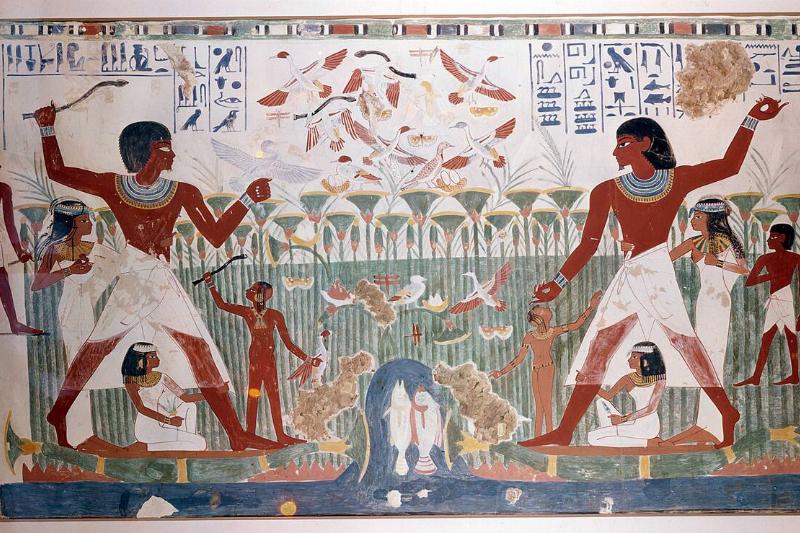Ancient Egyptians hunting wildfowl with throwing sticks.