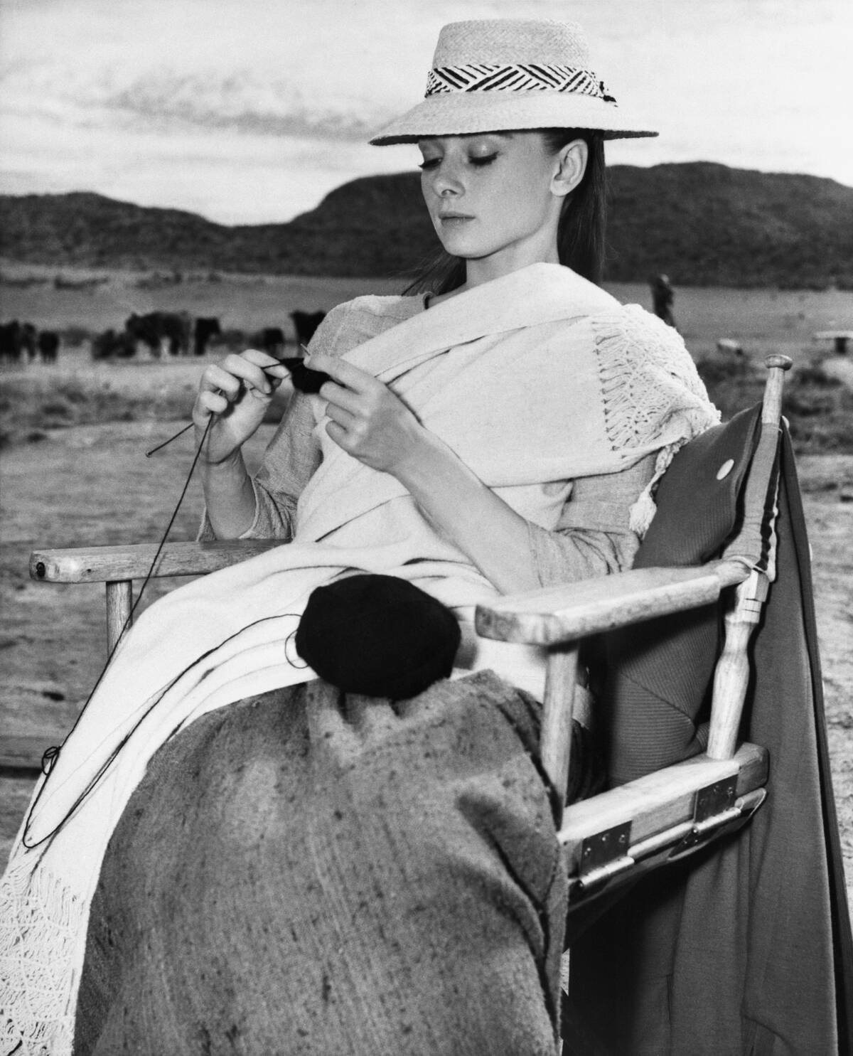 Audrey Hepburn Knitting While on Film Location
