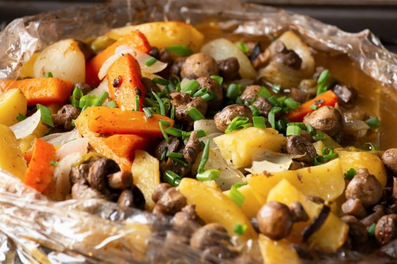 Baked vegetable meadly in foil.