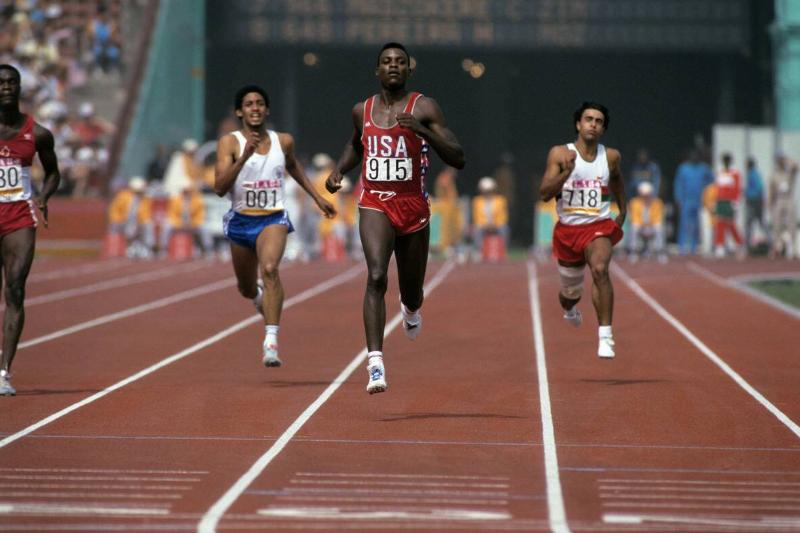 Carl Lewis Running In A Race At The Los Angeles Olympics