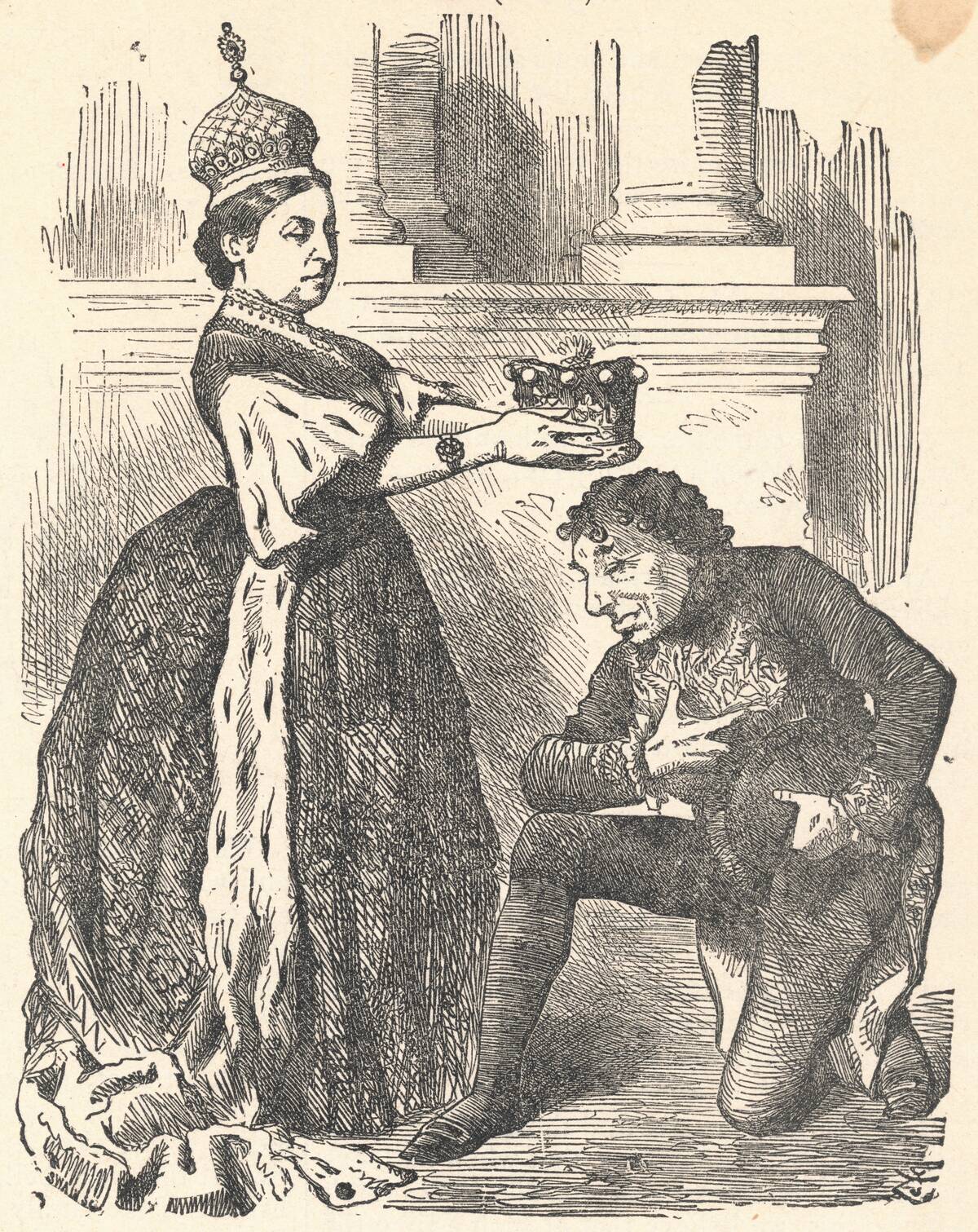 Cartoon of Queen Victoria Crowning Benjamin Disraeli