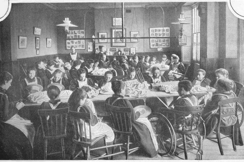 Girls at needlework, Halliwick School For Girls, Marylebone Road, London, c1903 (1903)