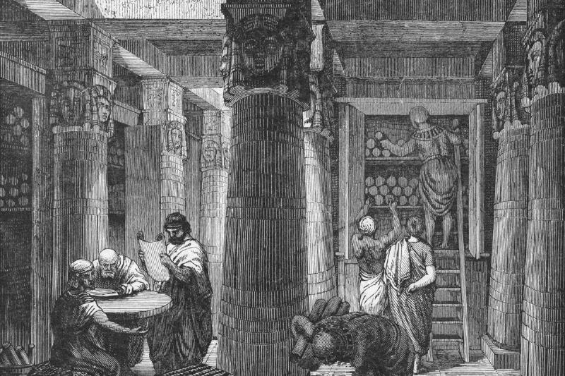 Illustration of Scholars in Library of Alexandria