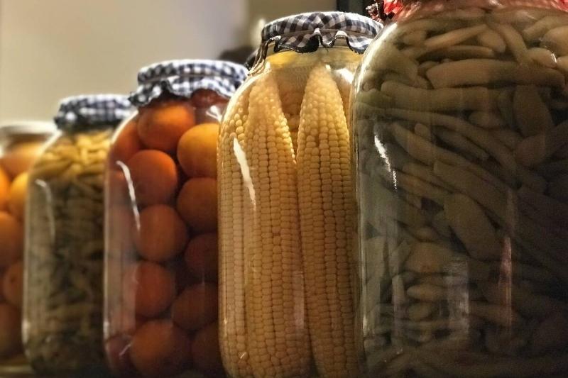 Jars of veggies preserved by lacto-fermentation. 
