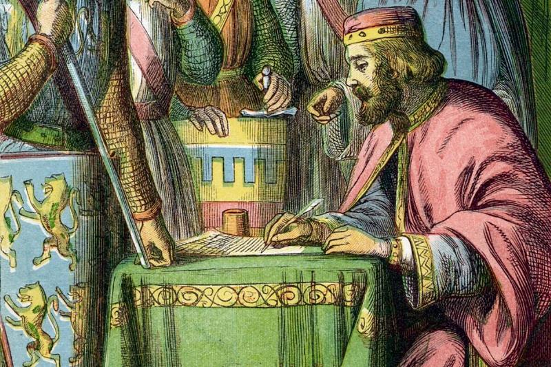 John (1167-1216) King of England from 1199. John signing Magna Carta at Runnymede 15 June 1215 while the barons look on. Chromolithograph c1860 ...