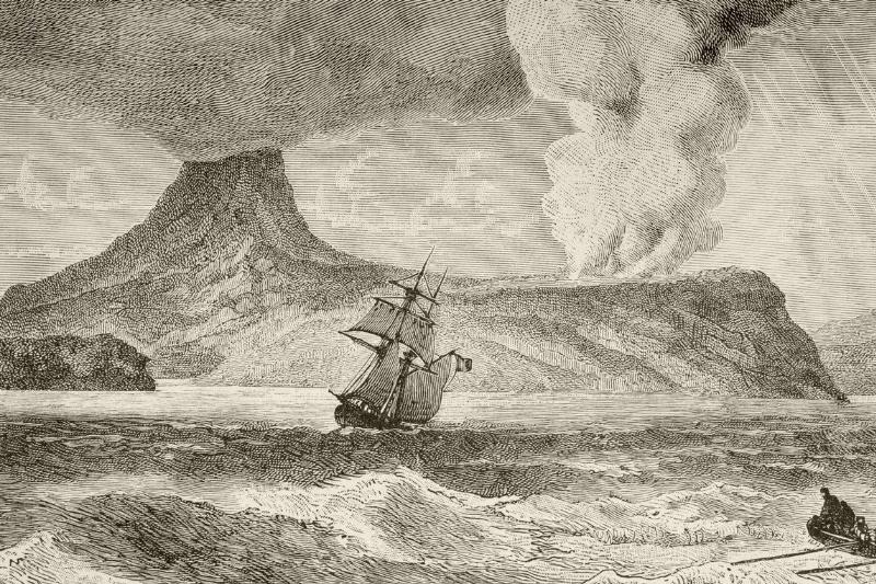 Krakatoa island erupting in August 1883. From the book Chips From The Earth's Crust published 1894.