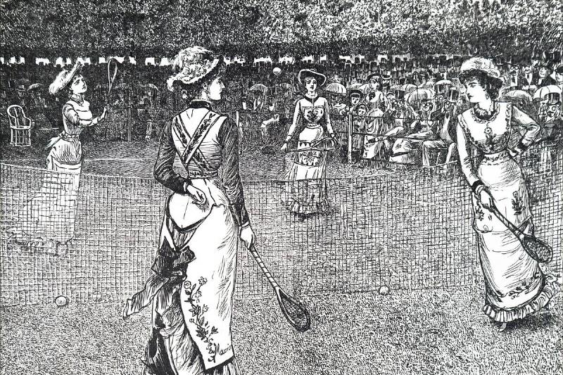 Ladies playing lawn tennis.