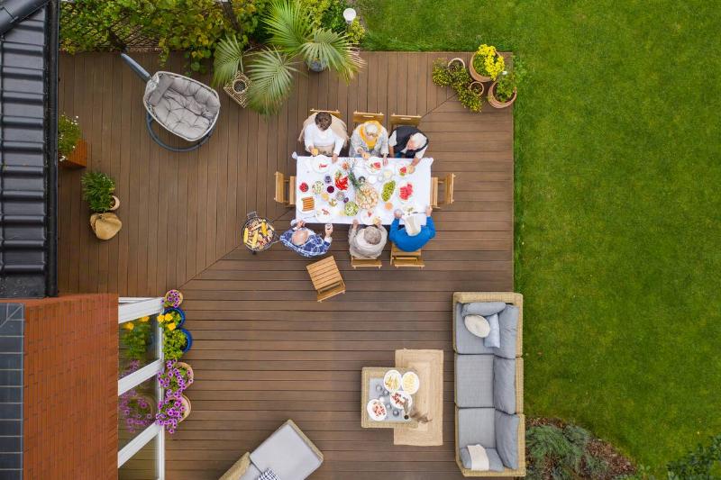 A deck broken up into different areas. Aerial view.