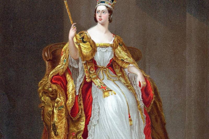 Queen Victoria (1819-1901) queen of United Kingdom 1837, Empress of India 1876, crowned 1838. Victoria on throne in coronation robes wearing crown and holding sceptre. Oleograph...