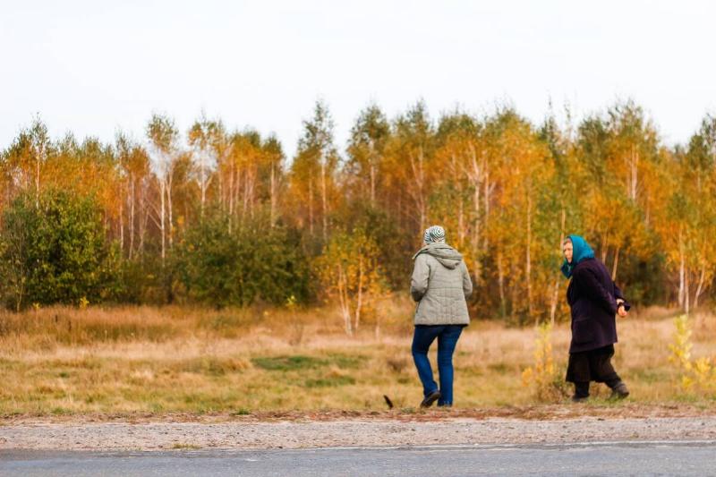 Two women walking in autumn. 