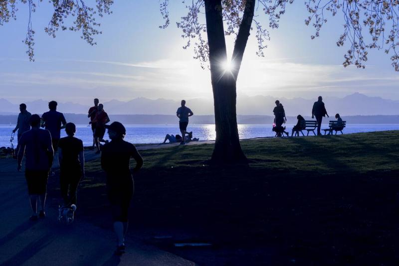 People exercising in park in morning.