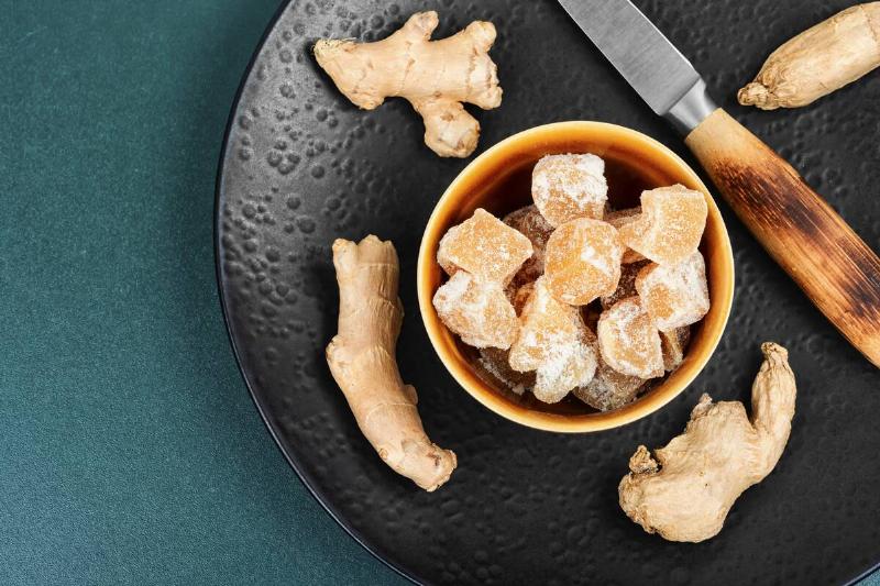 Sugared candied ginger in a bowl. 