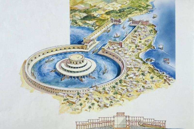 Tunisia - Carthage. Reconstruction of the two Punic ports, drawing