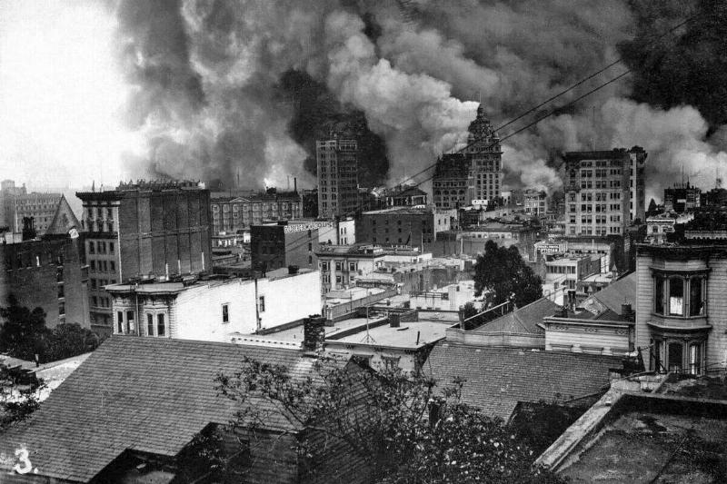 View from southeast slope of Nob Hill of fires burning, south of Market district following the San Francisco earthquake of 1906.