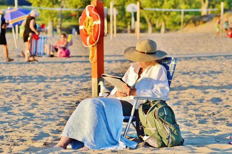 Woman reading book at the beach. 