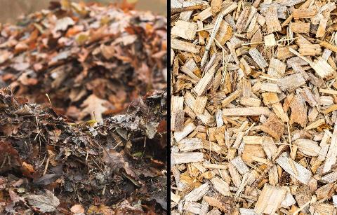 Split image of leaves and wood chips used for mulch. 
