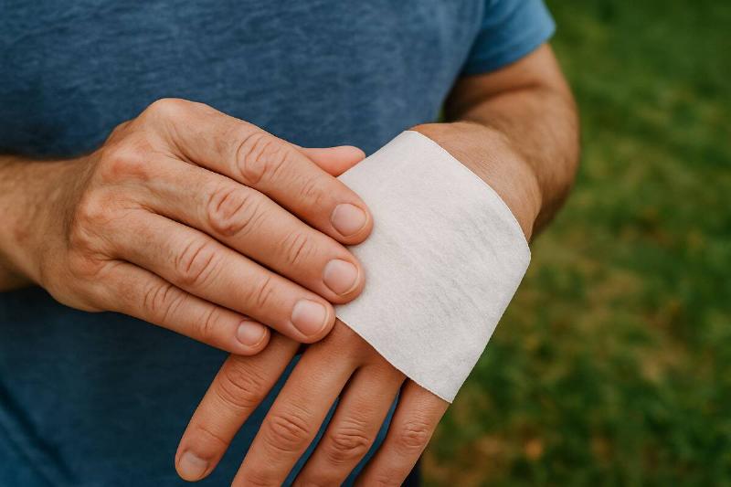 Coffee filter being used as bandage on hand.