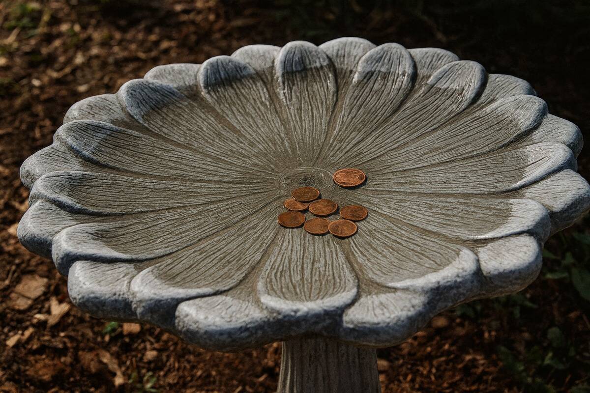 Pennies in a birdbath. 