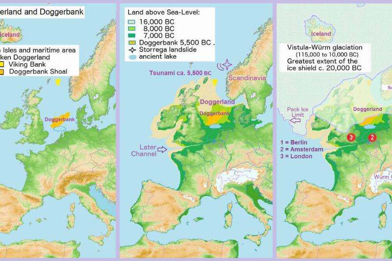 Land bridge between the mainland and Britain - Doggerland and Dogger Bank. Comparison of the geographical situation in 2000 to the late years of the Vistula-Würm Glaciation.