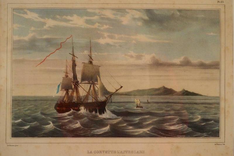 Plate from 1833 book showing the french frigate L'Astrolabe near the island of Vanikoro.
