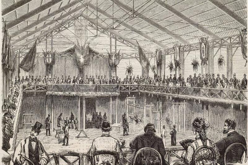 Interior of gymnasium in the Botanical Garden, Rome, Italy, engraving from a drawing by Dante Paolocci from L'Illustrazione Italiana, No 59, December 10, 1876.