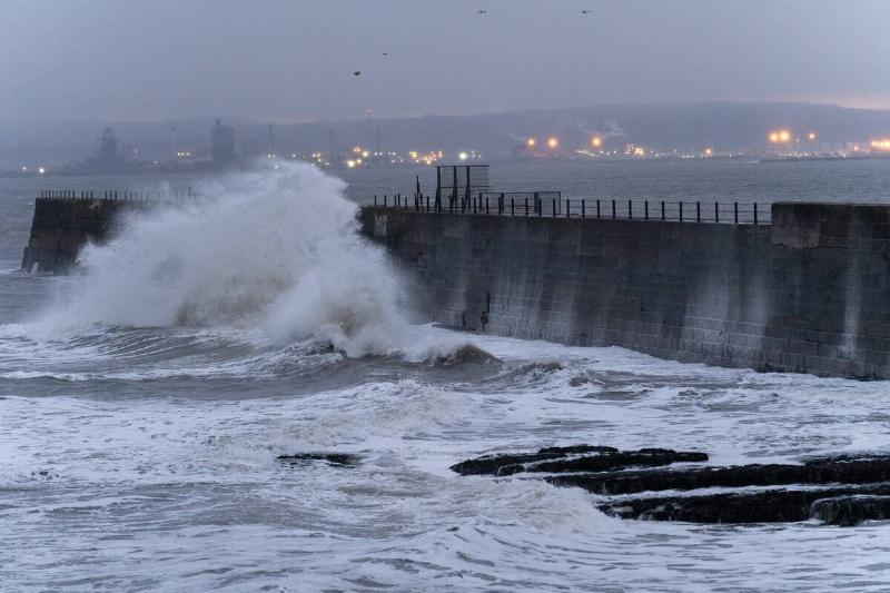 Stormy seas at the breakwater on the Headland, Hartlepool, County Durham as Storm Arwen hits the north east coast.