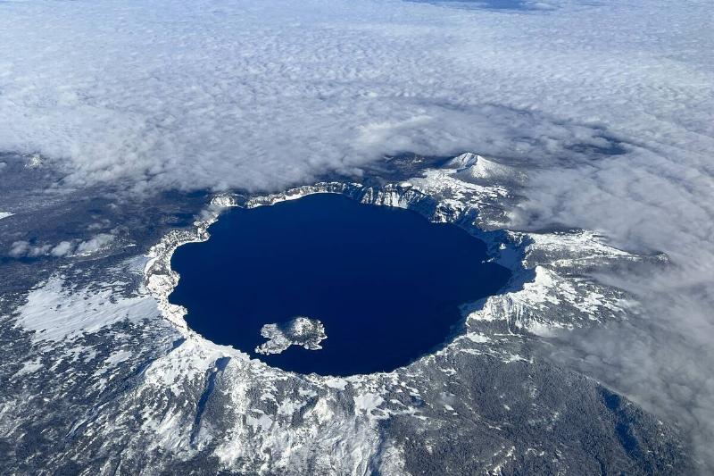 Aerial view of Crater Lake Caldera, Crater Lake National Park, Oregon.