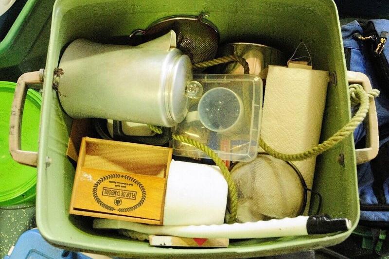 A coffee pot and other items from North Pond hermit Christopher Knight's camp.