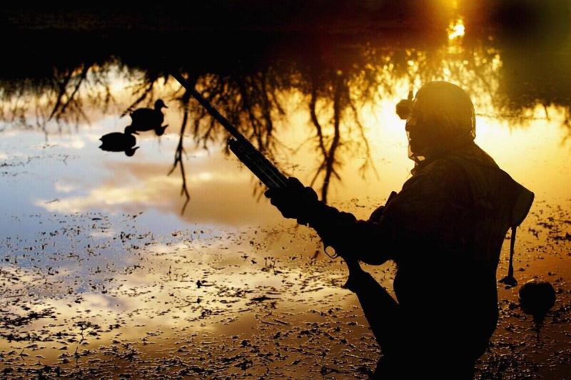 John Cameron watches for flying ducks as the sun starts to rise during a morning duck shooting at Mercer