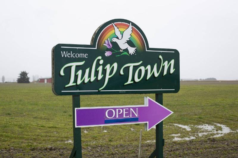 Signage stands on display at Skagit Valley Bulb Farm Inc. Tulip Town in Mount Vernon, Washington, U.S., on Thursday, April 5, 2018.