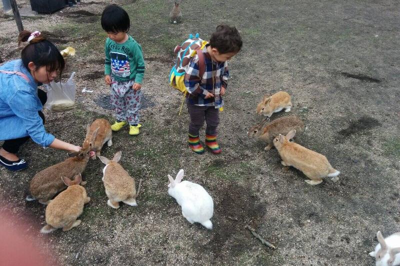 Kids feed bunnies on Ōkunoshima island