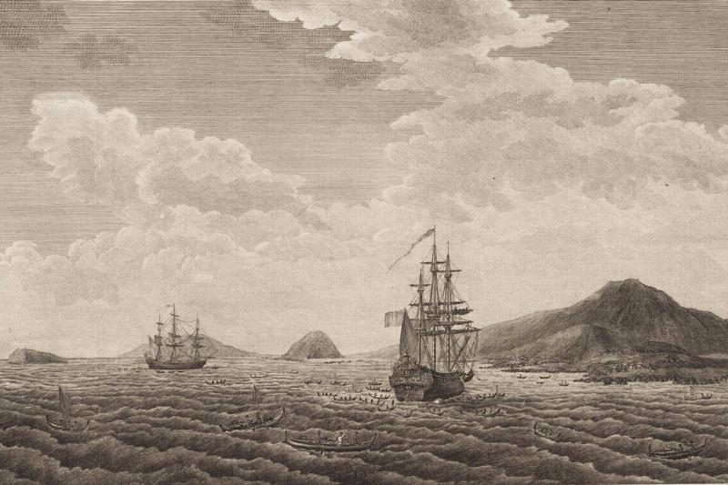 The ships l'Astrolabe and la Boussole on expedition to Maui. 