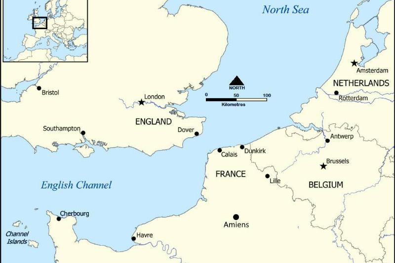 Map of the English Channel and North Sea that would have all been frozen. 