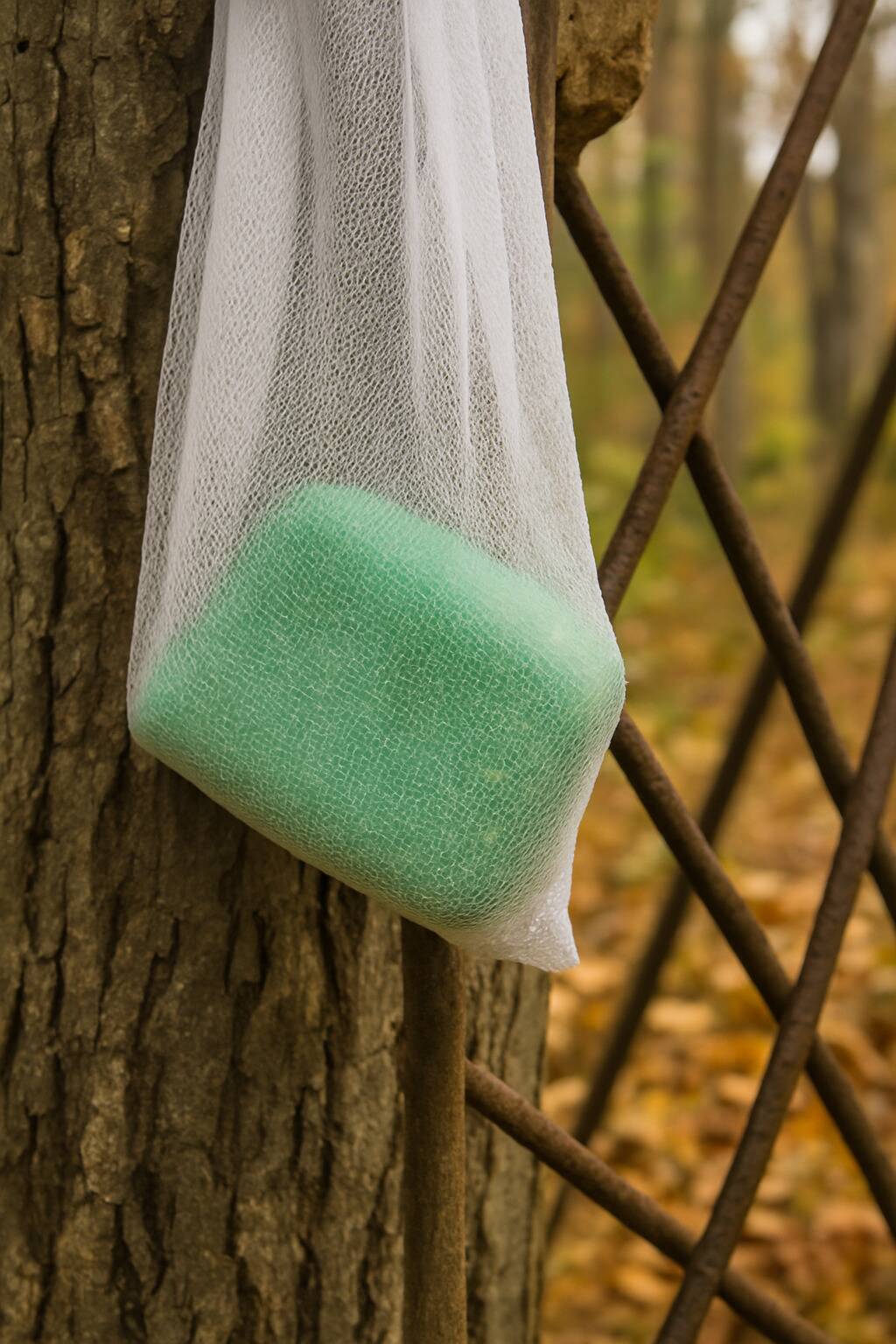 Soap in a bag on a fence.