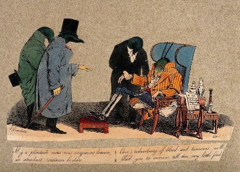 Three leeches dressed as doctors, attending to a grashopper. 
